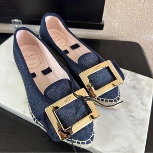 Roger Vivier Dark Blue Denim Espadrille Flats with Gold Buckle